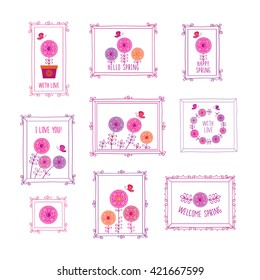 Hello spring. Set of decorative elements for birthday, wedding, easter, Mother's Day. Vintage frames and flowers. Doodles, sketch for your design. Vector.