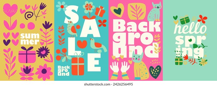 Hello spring. Set of four naive-style vector illustrations designed for spring and summer themes. The illustrations are marked by a playful and bold use of shapes.