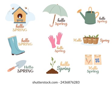 Hello spring set of garden elements. Hand-drawn colorful spring templates with elements and phrases for postcards, posters, stickers. Vector illustration.
