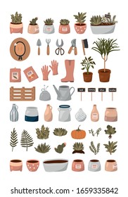 Hello Spring set.  Gardening tools, flowers, plants and other cute garden elements in flat cartoon style. Good template for web, card, poster, sticker, banner, invitation, wedding.