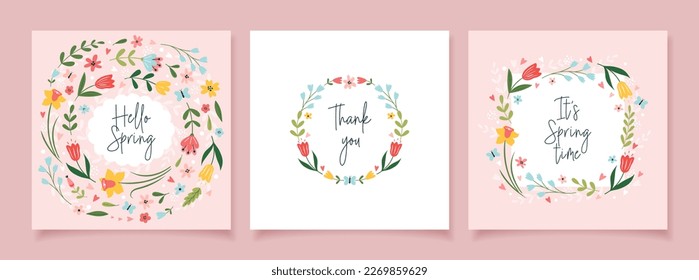 ¡Hola primavera! Juego de tarjetas de felicitación de primavera con flores y letras dibujadas a mano. Bonitos fondos florales. Plantillas vectoriales para banner, invitación, afiche, medios sociales.