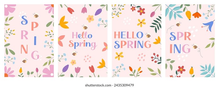 Hello spring set of greeting cards and posters with decorative elements and lettering. Vector templates with spring flowers, branches. Modern and trendy vector illustration collection.