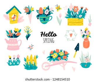 Hello spring. Set with Hand drawn elements. Vector illustration.