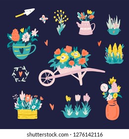 Hello spring. Set with Hand drawn elements. Vector illustration.