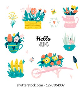 Hello spring. Set with Hand drawn elements. Vector illustration.