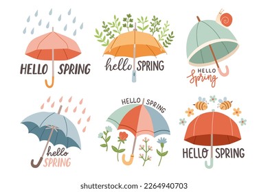 Hello Spring set hand drawn flat vector illustration. Lettering spring season with umbrella for greeting card