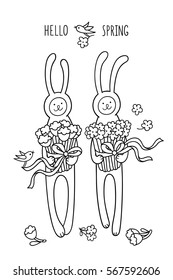 Hello spring. Set of hand drawn characters and graphic elements for spring season design. Outline drawing of funny cute rabbits with big bouquets of daisy and tulips, and little birds on white.