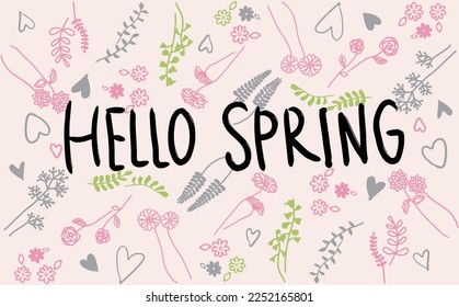 Hola primavera. conjunto de letras manuscritas e ilustraciones de flores y corazones. (Color)