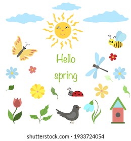 Hello spring set with insects, birds, flowers. Hand-drawn flat cartoon elements. Vector illustration.
