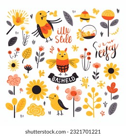 Hello Spring set with lettering, birds, bees, flowers, birdhouses, sun, and other