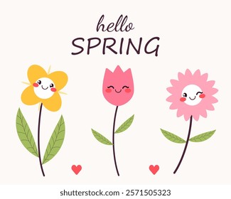 Hello spring. Set with mascot flowers. Floral springtime illustration.