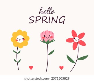 Hello spring. Set with mascot flowers. Floral springtime illustration.