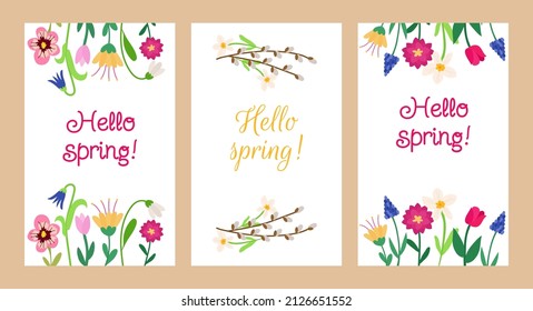 Hello spring. A set of postcards with bright colors of peony, muscari, tulip, pansies, snowdrop, chamomile and an inscription. Colorful design for holidays