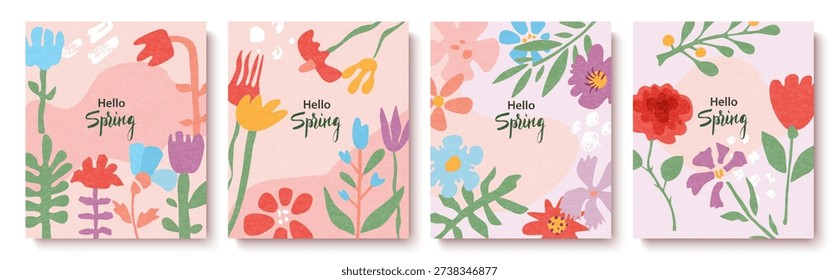 Hello to spring, a set of postcards with hand-drawn spring flowers. A poster for the spring holiday. A template with hand-drawn flowers for women's day on March 8, Mother's Day, Easter or birthday. Vector.