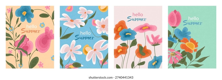 Hello to spring, a set of postcards with hand-drawn spring flowers. A poster for the spring holiday. A template with hand-drawn flowers for women's day on March 8, Mother's Day, Easter or birthday. Vector.