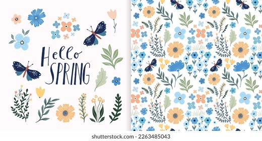 Hello Spring set with seamless pattern and beautiful collection of seasonal elements, butterflies, flowers and plants