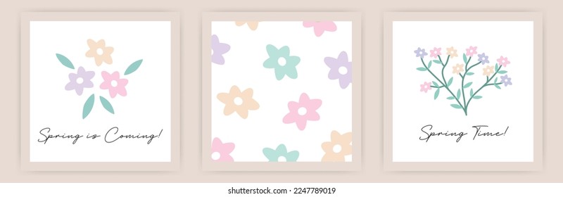 Hello Spring Set with simple drawing  flowers and plants on white background. Good template for greeting card, sticker,  poster, invitation, banner and more. Vector illustration