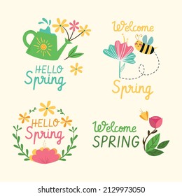 Hello spring set of sketched logo, badge icon. Letters spring season with leaves for greeting card, invitation template. Retro vintage inscription banner, sticker background template.