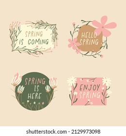 Hola conjunto primavera de logotipo esbozado, icono de insignia. Letras primavera temporada con hojas para tarjeta de saludo, plantilla de invitación. Banner de inscripción retro vintage, plantilla de fondo de pegatinas.