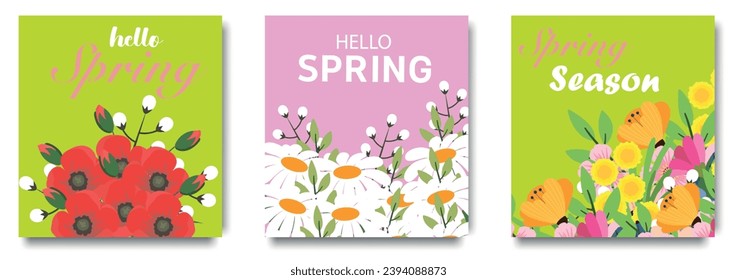 Hello Spring  set of social media story design templates. Spring holiday poster set. Vector design of spring elements for greeting card, cover, social media post