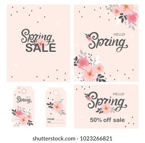 Hello Spring set. Hello Spring typography vector design for greeting cards and poster. Hand lettering text isolated on pink background. Design template celebration. Vector illustration.