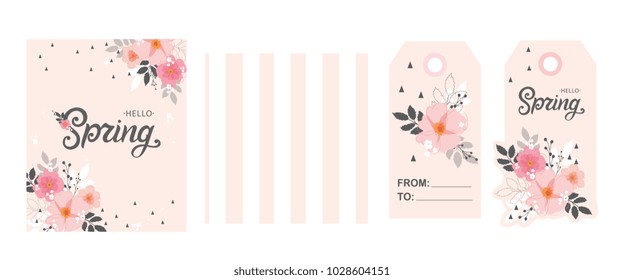 Hello Spring set. Hello Spring typography vector design for greeting cards and poster. Hand lettering text isolated on pink background. Design template celebration. Vector illustration.
