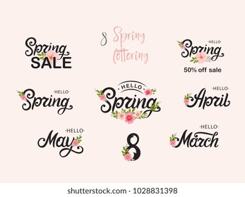 Hello Spring set. Hello Spring typography vector design for greeting cards and poster. Hand lettering text isolated on pink background. Design template celebration. Vector illustration.