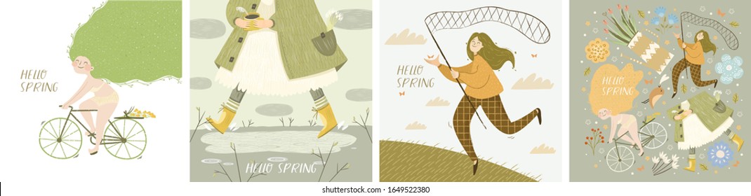 Hello spring! Set of vector posters with girl on bicycle, girl in coat and boots running through a puddles, catches with a butterfly net and isolated objects. Drawings for a card, poster or postcard