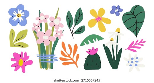 Hola Spring. Conjunto de flores silvestres, hojas, ramo, hierbas. Brillantes Elementos de primavera y Formas. Ilustración de la naturaleza del Vector para el diseño estacional y las vacaciones, tarjetas de felicitación, parches, etiquetas, sellos