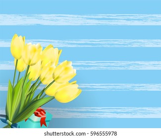 Hello Spring. Set yellow tulips and present box for the holiday March 8.