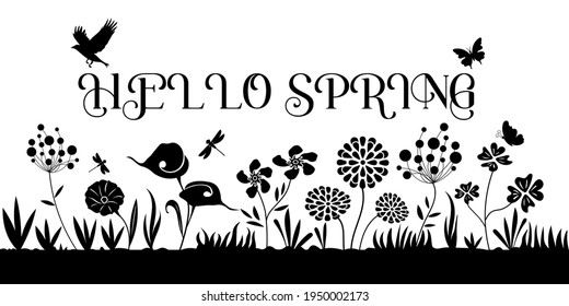 Hallo Frühlingszeichen mit Blume und fliegender Vogelsilhouette auf weißem Hintergrund, Vektorgrafik.