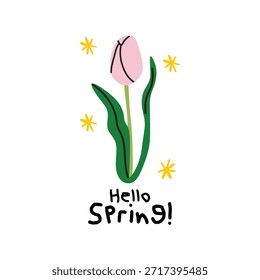 Hello Spring simple greeting card in cartoon doodle style. Elegant botanical composition design with hand drawn floral decorative elements and lettering. Vector illustration