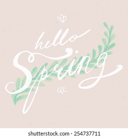 Hello Spring simple vector hand drawn retro script lettering design element with color pencil floral decorative element and subtle paper texture. Ideal for greeting cards and posters 
