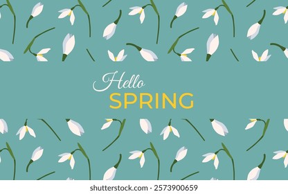 Hello Spring snowdrops background with place for text. Early spring flowers. Botanical modern style. Great for greeting cards, banners, flyers, birthday and mom's day greetings. Vector.