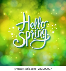 Hello Spring sparkling green card design with a textured abstract background and flowing text in square format, vector illustration