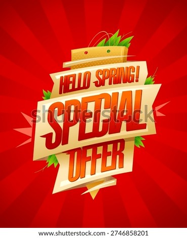 Hello spring special offer poster design template with golden ribbons and shopping bag