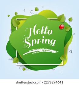 Hello Spring Speech Bubble Banner With Leaves With Gradient Mesh, Vector Illustration