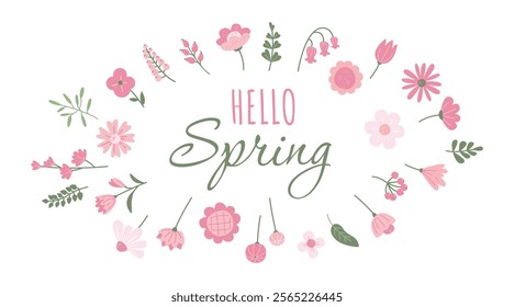 Hello Spring. Springtime holiday celebration. Lettering spring season with flowers for invitation, greeting card, banner, poster, template background. Retro, vintage vector illustration 