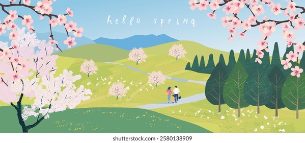 Hello spring! Springtime. Vector illustration of nature, landscape, sakura or cherry blossom, park, trees, family on a walk, field, lawn for background, banner or poster