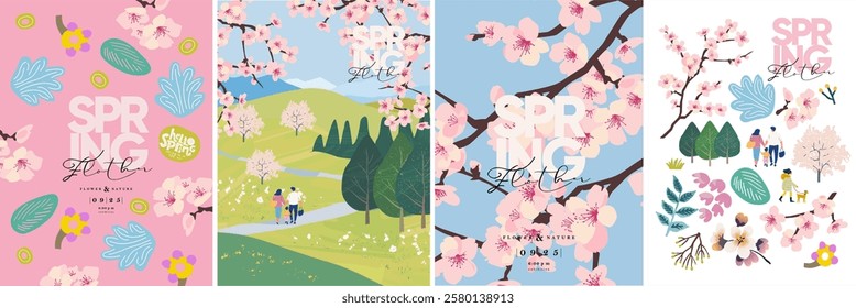 Hello spring! Springtime. Vector illustration of nature, landscape, sakura or cherry blossom, park, trees, family on a walk, field, lawn for background, banner or poster