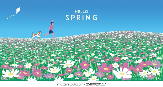 Hello, spring! Springtime's poster or banner. Vector illustration of nature, landscape, countryside, meadow with spring flowers, boy and dog with a kite. Handmade drawing doodle cartoon.