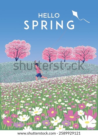 Hello, spring! Springtime's poster or banner. Vector illustration of nature, landscape, sakura or cherry blossom, meadow with spring flowers, boy with a kite. Handmade drawing doodle cartoon.