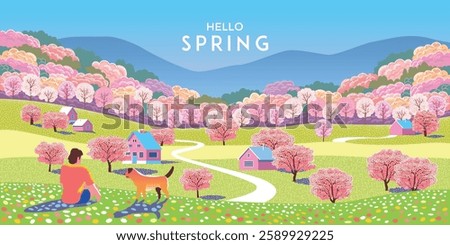 Hello, spring! Springtime's poster or banner. Vector illustration of nature, landscape, sakura or cherry blossom, park, trees, boy with a dog, fields and lawns. Handmade drawing doodle cartoon.