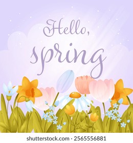 Hello, spring. Square card with spring flowers, cartoon style.