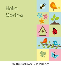 Hello Spring. Square card with spring symbols in pastel colors.