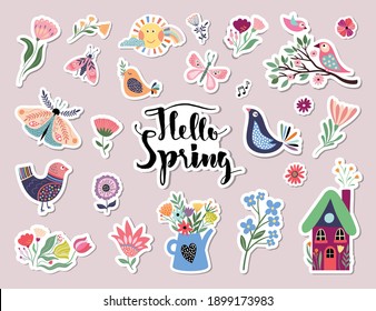 Hello spring stickers collection with different seasonal elements