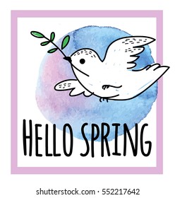 Hello Spring! Stylish freehand drawing. Card, print on a T-shirt. The bird carries a twig in its beak. Spots watercolor paint.