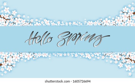 Hello spring stylized calligraphic inscription with white cherry blossom on a blue background, Spring template for your design, cards, invitations, posters.
