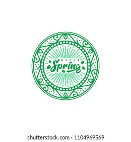 Hello spring summer logo vector illustration, leaves and geometric shapes. Circle nature icon.