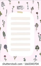 Hello Spring and Summer Planner template with cute flowers in cartoon style. Organizer and schedule with place for Notes, to do list, wish list. 